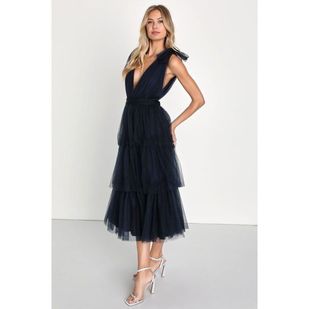 Lulus Flawless Arrival Navy Blue Tulle Tie-strap Tiered Maxi Dress - Size S